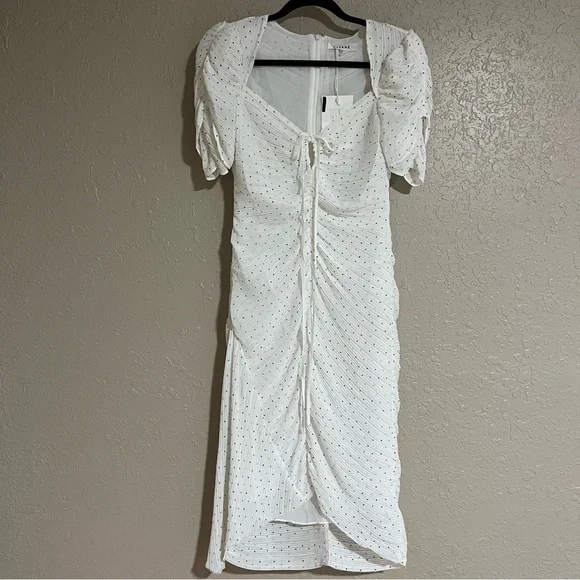 Frame Ruched Tie Neck Polka Dot Midi Dress Size Small - Picture 2 of 6